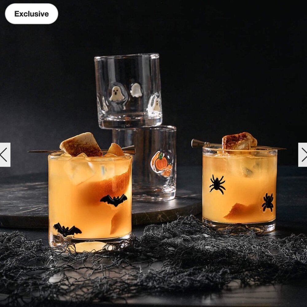 Crate & Barrel Halloween-Themed Double Old-Fashioned Glasses (Bats & Ghosts)